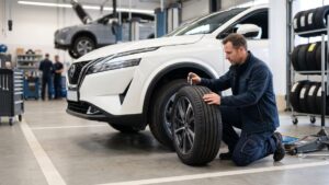 Pessoa verificando pneu de carro para rodar com mais segurança